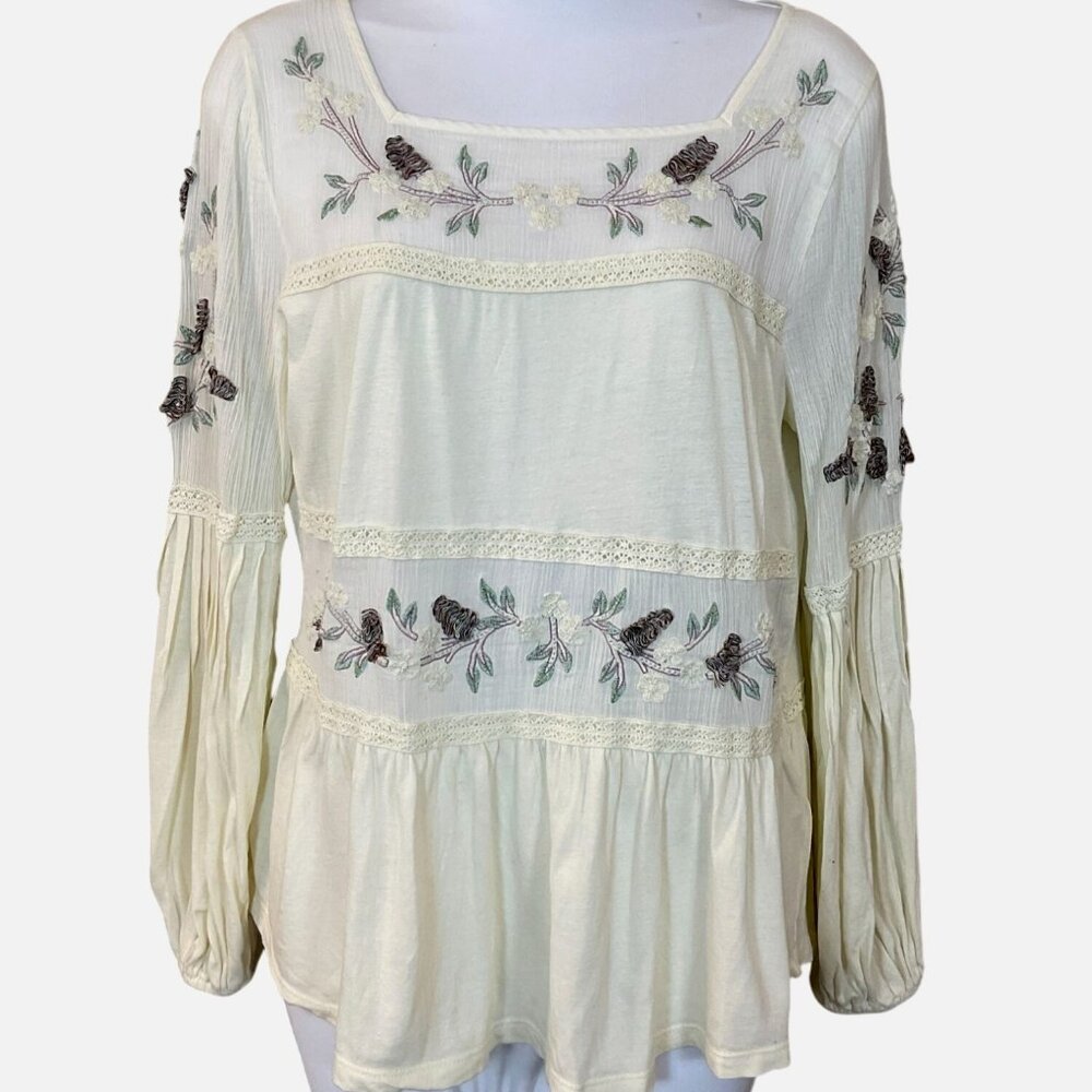 Sundance LS Meadow Allure Mixed Material Pleated Sleeve Peplum Blouse Small